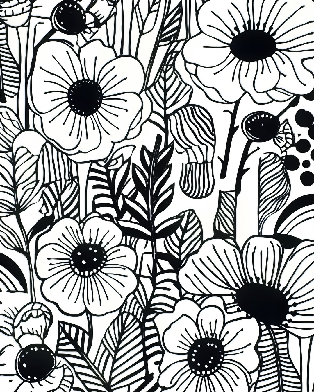 Mid Century Modern Coloring Pages With Flowers Etsy