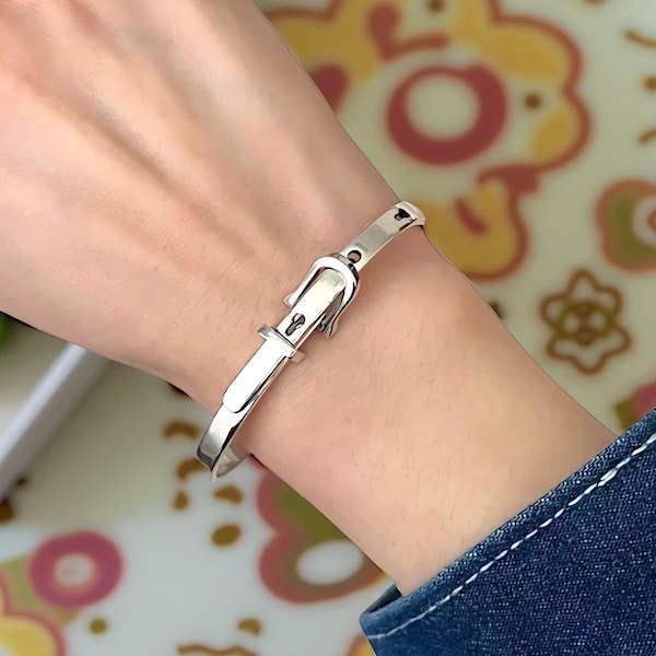 925 Sterling Silver Belt Buckle Cuff Bracelet, Adjustable Unisex Bangle