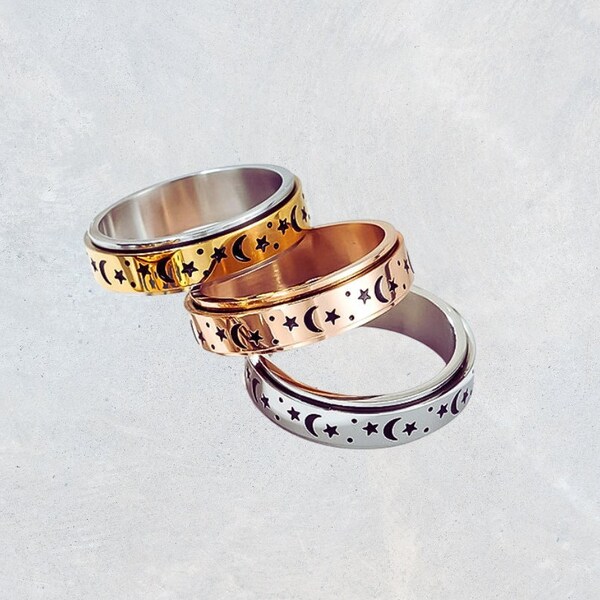 Stars Moon Spinner Ring - Stress Relief Ring - Spin Meditation Ring - Moon Ring - Fidget Ring - Rotating Ring - Anxiety Ring Spinner - Gifts