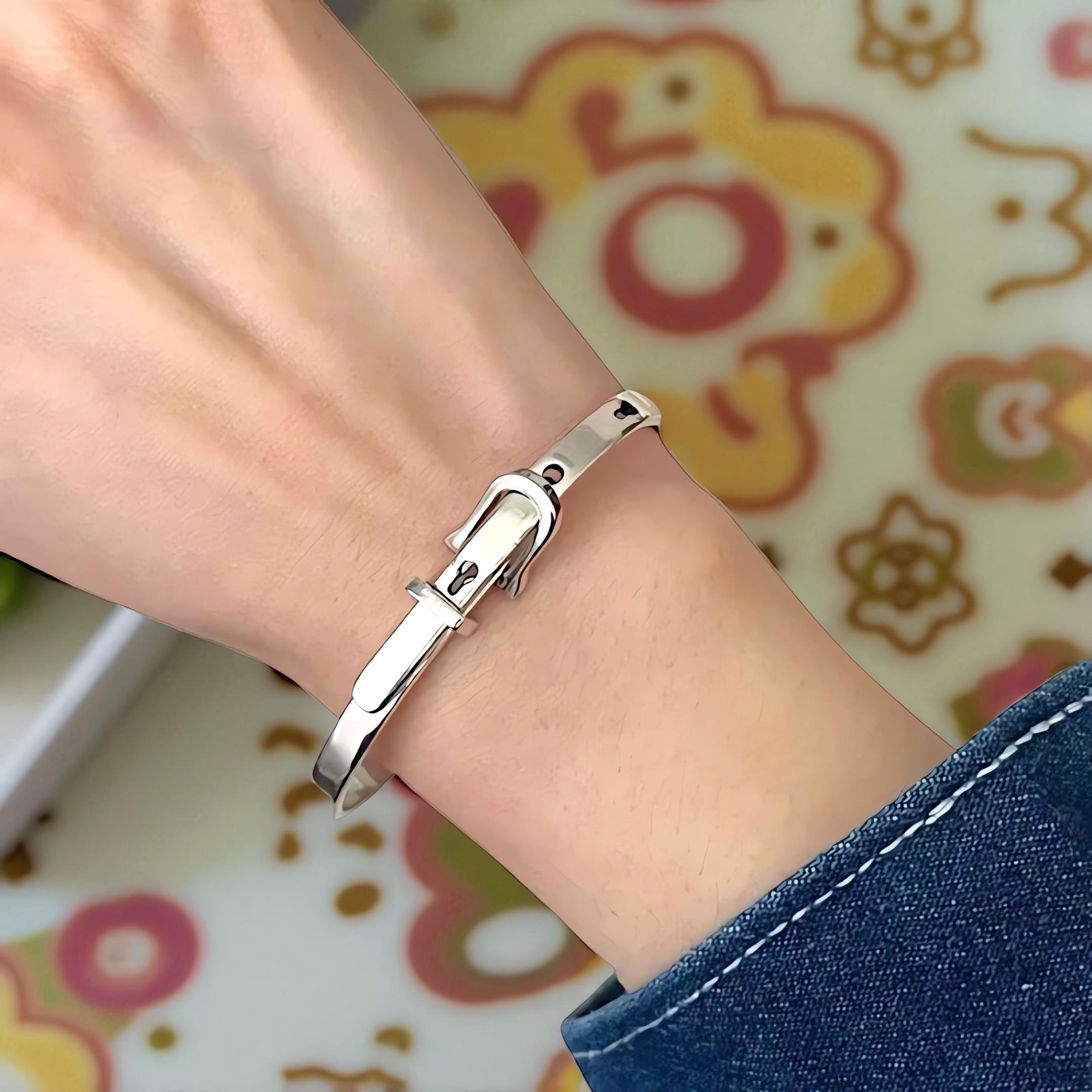 925 Sterling Silver Belt Buckle Cuff Bracelet, Adjustable Unisex