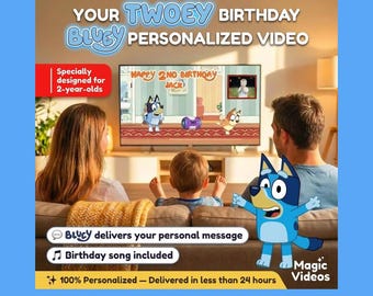 Regalo de cumpleaños para niños pequeños: Video de Bluey Twoey / Regalo de segundo cumpleaños para niña o niño / Regalo personalizado con nombre para niño o niña