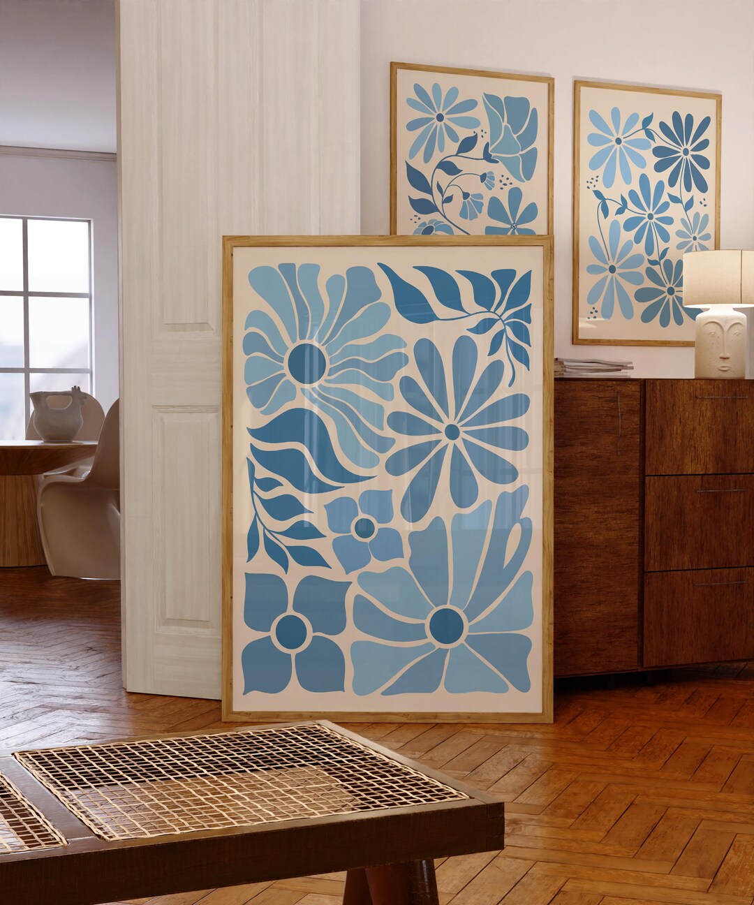 Boho Flower Print Set of 3, Pastel Blue Prints, Floral Wall Art ...