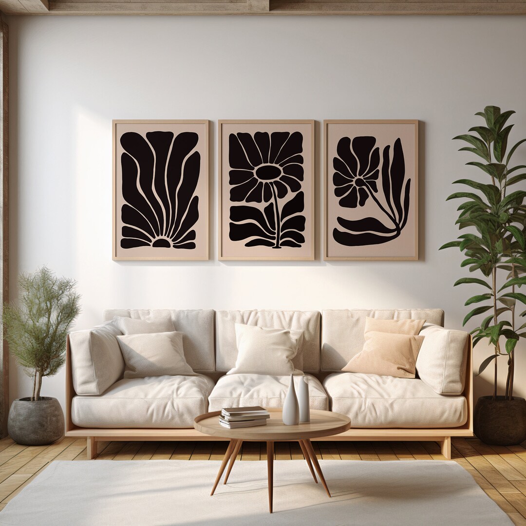 Boho Abstract Floral Prints Set of 3, Flower Art Set, Printable Wall ...