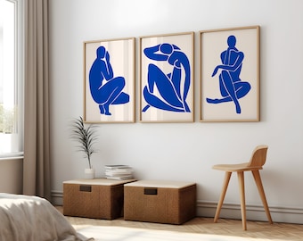 Zestaw 3 wydruków Henri Matisse'a, niebieskie obrazy ścienne, plakaty muzealne, plakaty wystawowe, wydruki granatowe, niebieskie kobiety Matisse'a