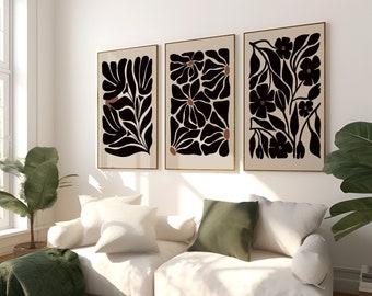 Svart och beige blomväggkonst, blommig väggkonsttryck set om 3, abstrakta botaniska tryck, boho blommor, neutral väggkonst, botanisk poster