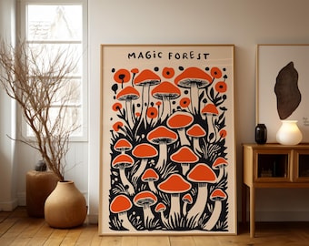 Art mural champignon rouge, forêt magique, illustration de champignon fantaisiste, vintage, art des champignons cottagecore, décoration nature boisée, forêt bohème