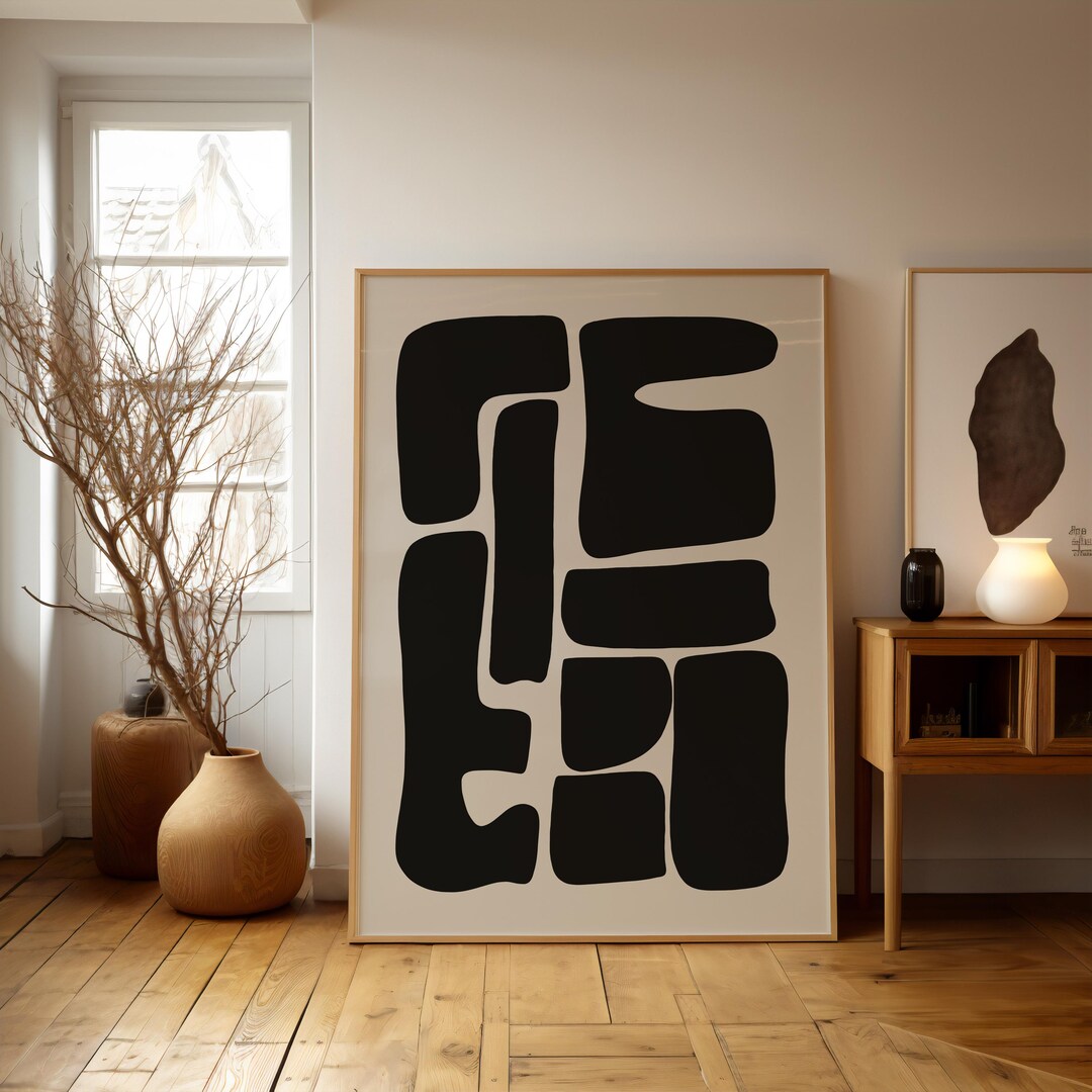 Abstract Black Beige Wall Art Print, Geometric Shapes, Mid Century ...