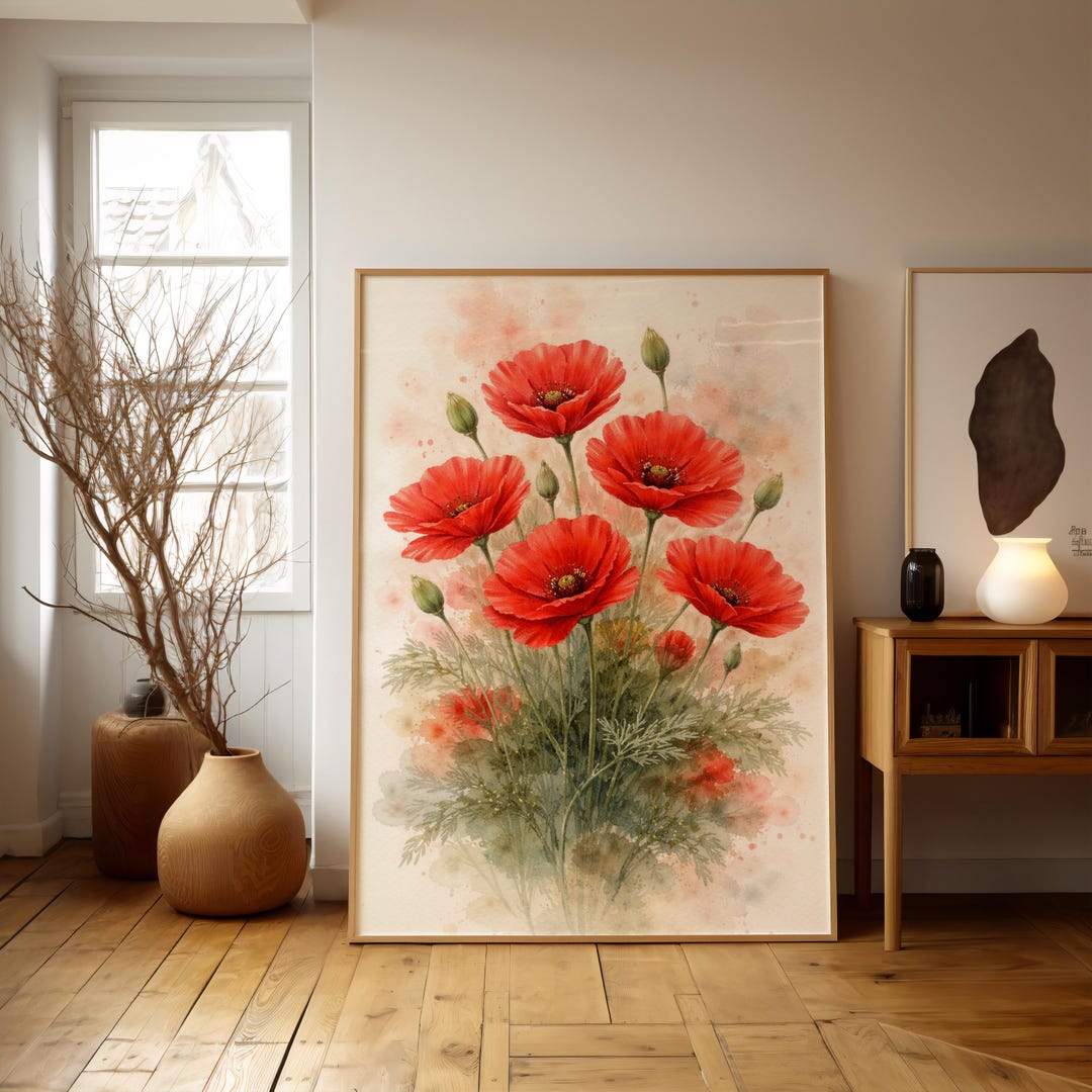 Poppy Flower Wall Art Print, Red Poppy Botanical Painting, Vintage ...