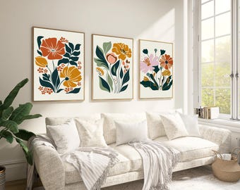 Stampa floreale astratta in stile boho, set di 3 poster, fiori suggestivi, arte murale floreale in terracotta, arredamento da galleria moderno, stampe di fiori botanici.