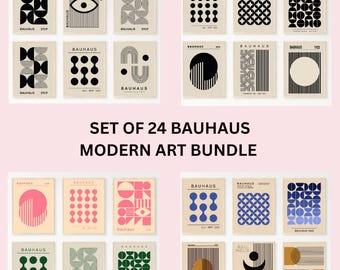 Peut inclure: Un ensemble de 24 impressions d'art moderne de style Bauhaus imprimables. Les impressions présentent des formes géométriques, des lignes et des cercles en noir, blanc, rouge, bleu, vert et jaune. Les impressions sont parfaites pour ajouter une touche d'art moderne à n'importe quelle pièce.