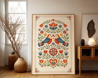 Scandinavian Folk Art, Norwegian Poster, Swedish Art, Ethnic Print, Colorful Birds and Florals, Valentine love bird,