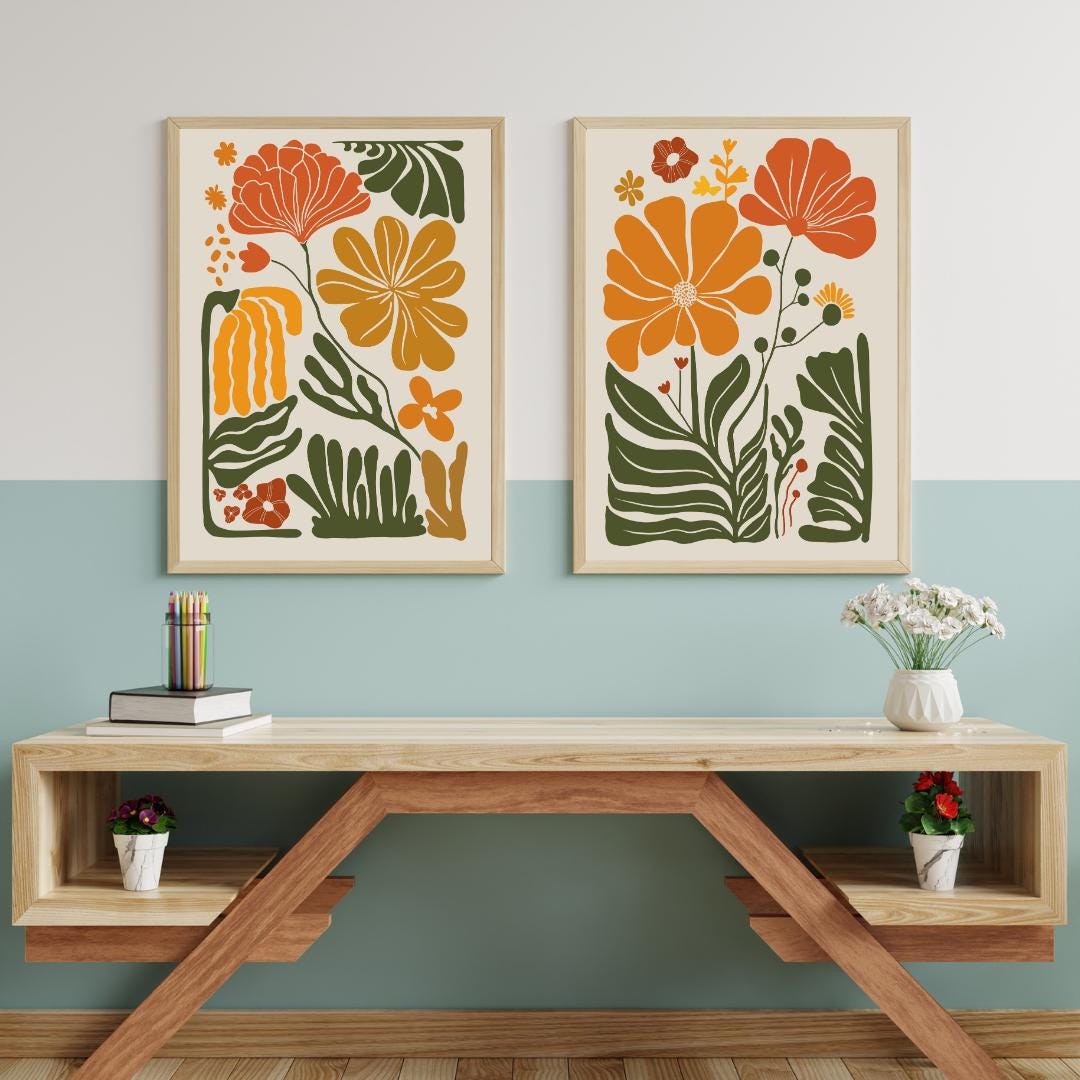 Mid Century Botanical Wall Art Set of 2, Retro Floral Prints ...
