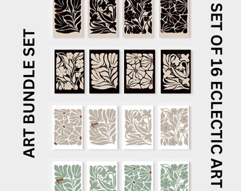 Set med 16 abstrakta botaniska väggtavlor i neutral ton, svartbeige och salviagrönt, boho vardagsrumsinredning, digital nedladdning.