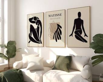 Matisse print set of 3, black Matisse printable art set, Matisse figures cutouts, exhibition poster, museum poster set, gallery wall art.