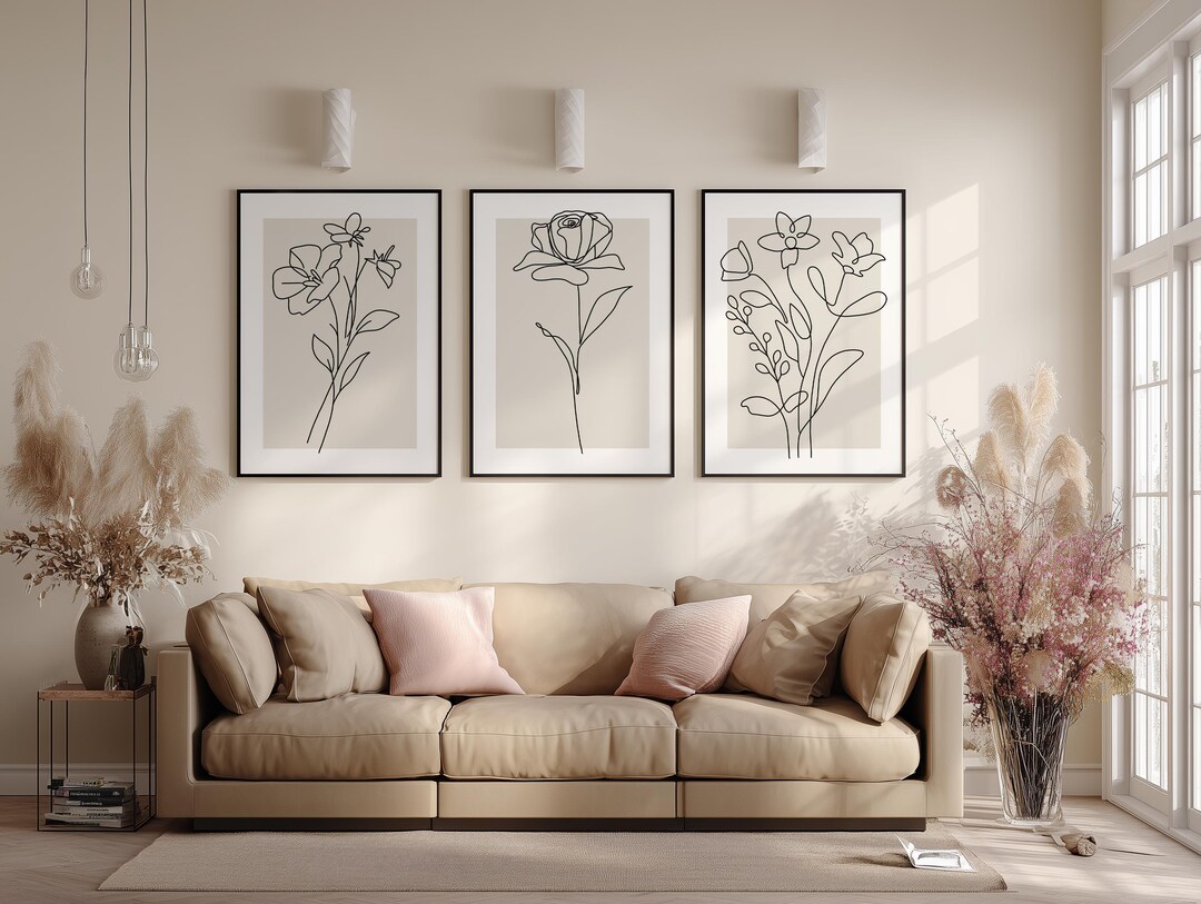 Minimal Floral Line Art Set of 3, Modern Botanical Wall Art, Neutral ...