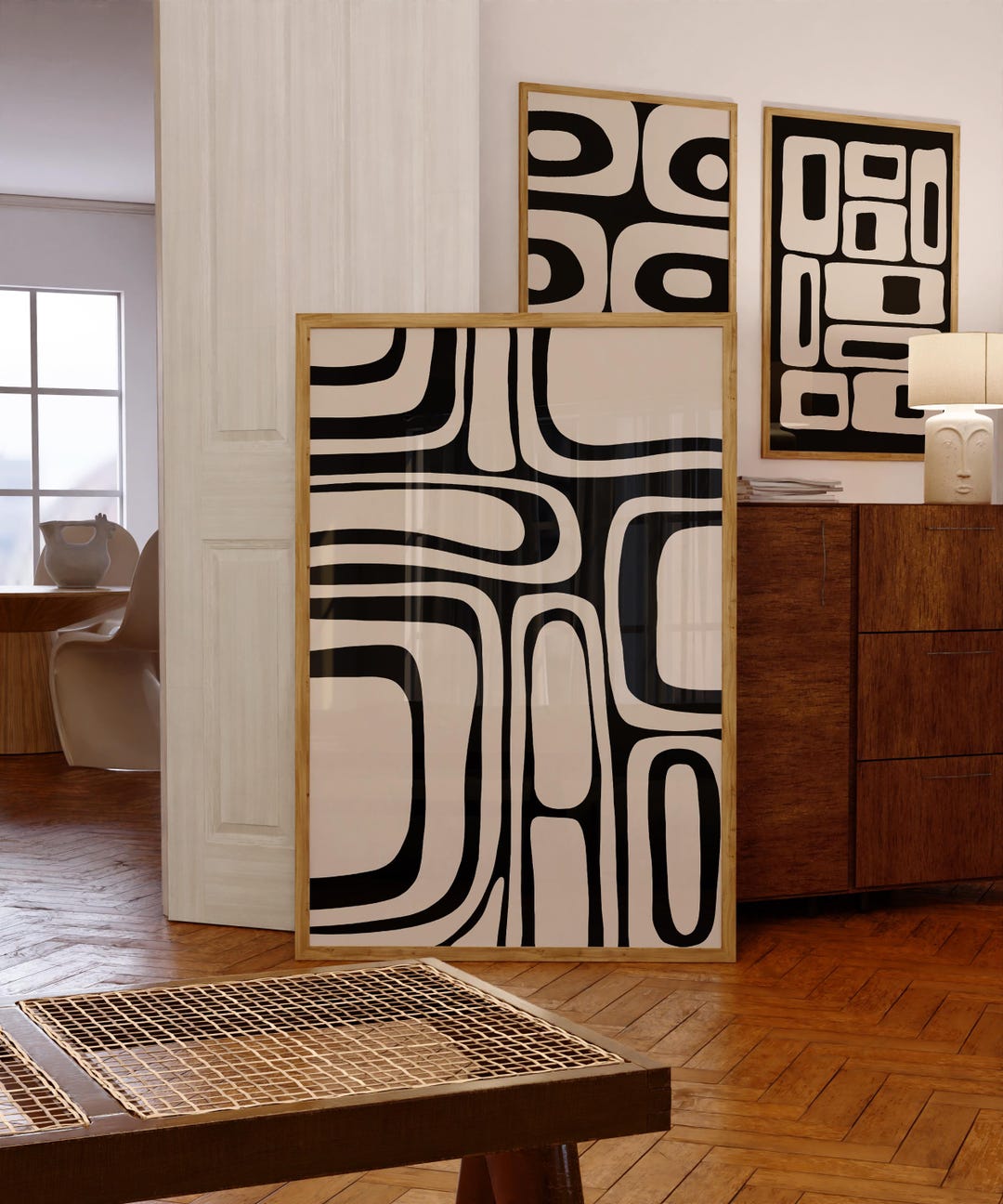 Black and Beige Abstract Art Set of 3, Modern Organic Minimalist Prints ...