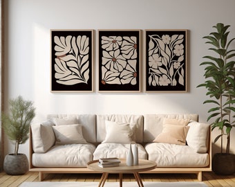 Boho abstrakt blomtryck set om 3, svart och beige blommig väggkonst, vintage konsttryck, blomstermarknadsaffisch, boho utskrivbar konst.