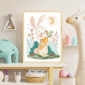 Cute bunny for kids room poster, whimsical kids illustration, little bunny, children room decor, bunny greetings poster.