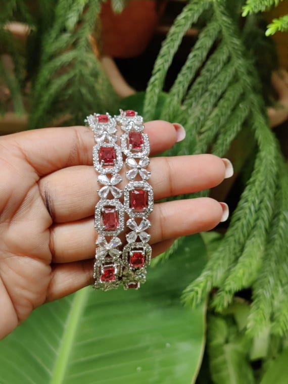 Cubic Zirconia AD Silver Polish Broad Bangles With Indian