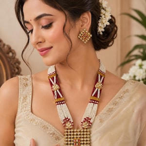 Kundan Heavy Pendant Rani Haar Ruby and Pearls Necklace set with Earrings