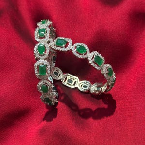 Indian Silver American Diamond Bangles/Green Emerald Diamond Silver Bangle/ AD/CZ Bangles Set/ Cubic Zirconia Bangles Jewelry/ Set of 2 pcs