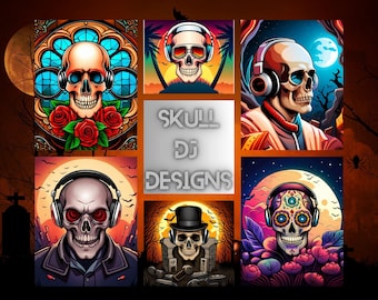 Skull DJ PNG Design Bundle | Colorful Digital Art (Instant Download)
