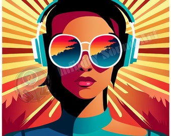 Woman DJ with headphones and sunset colours | AI Art |  Urban Art | Digital Futurist Art | Digital Download | Home Decor | Printable Art