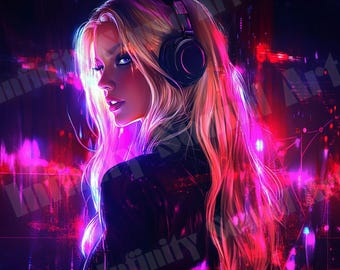 Woman DJ Art Print | Futuristic Neon Portrait (Digital Download)