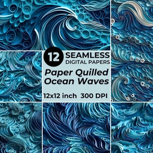 Op de afbeelding: 12 Naadloze digitale papieren: Papiergekrulde oceaan golven, 30,5 x 30,5 cm, 300 DPI. Een collage van 9 afbeeldingen die een blauw en wit papiergekruld ontwerp van oceaan golven laten zien.