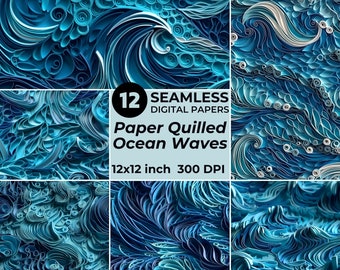 Oceanic Blue Quilled Paper, 12 Seamless Ocean Wave Patterns, Serene blue ocean waves in a unique 3D paper quilling style, Instant download