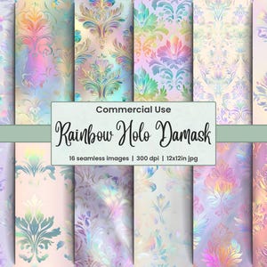 Pacote com 16 papéis digitais de damasco holográfico, padrão arco-íris pastel sem costura, textura iridescente, fundo elegante para scrapbooking, uso comercial