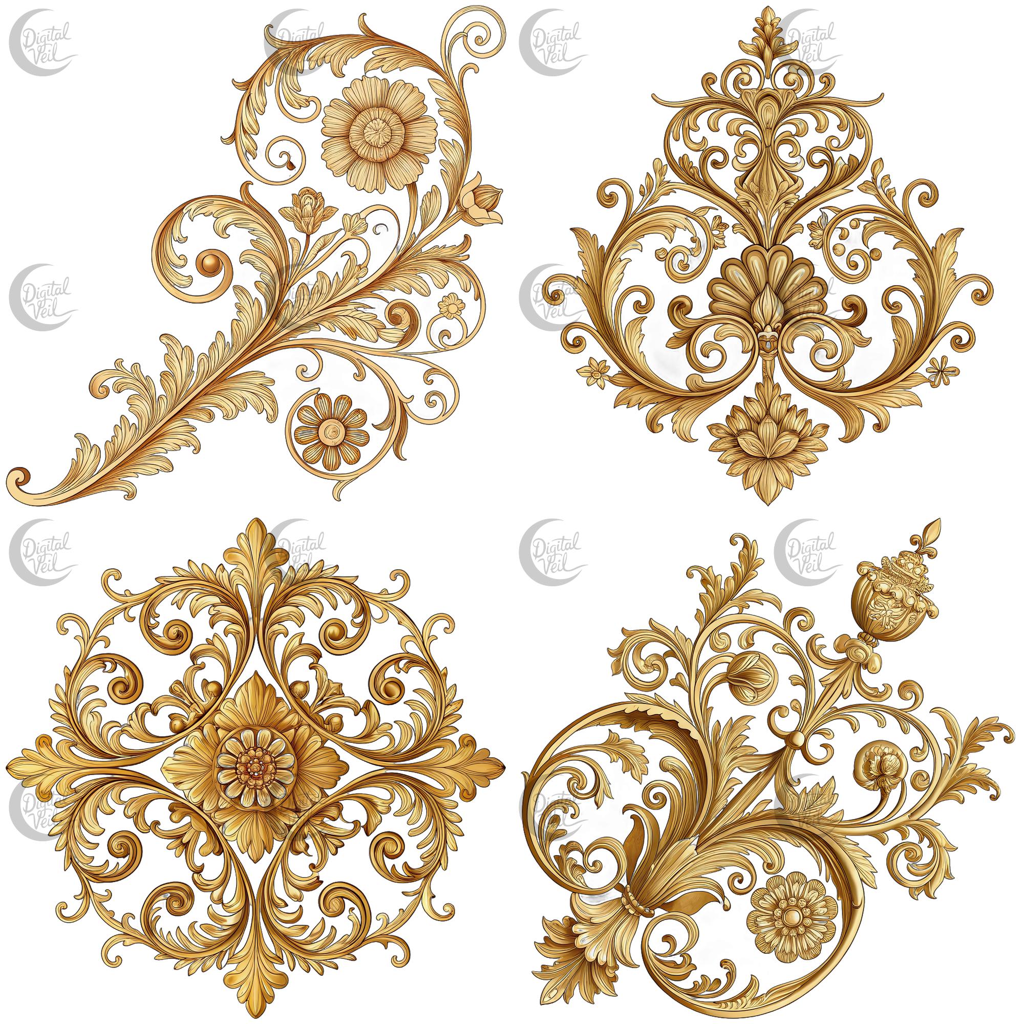 Gold Baroque Ornaments Clipart: Rococo Flourishes PNG Set - Etsy, image size:2000x2000