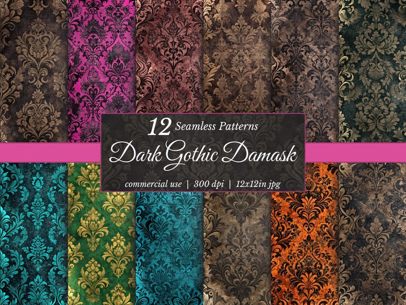 Gothic Damask Digital Paper: Seamless Halloween Patterns (12x12 JPG ...