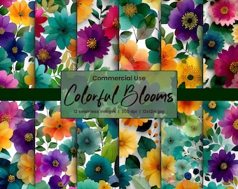 Paquete de papel digital floral para uso comercial, flores coloridas, fondos de acuarela, álbumes de recortes, manualidades, patrones, regalo