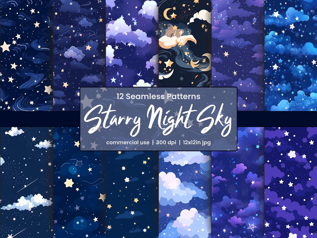 Starry Night Seamless Pattern Pack, Celestial Digital Paper, Whimsical ...