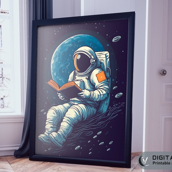 Space Astronaut Reading Book Portrait, Reading in Space, Space Lovers Gift, Digital Art Print, 6 Common Sizes, 300 DPI Quality