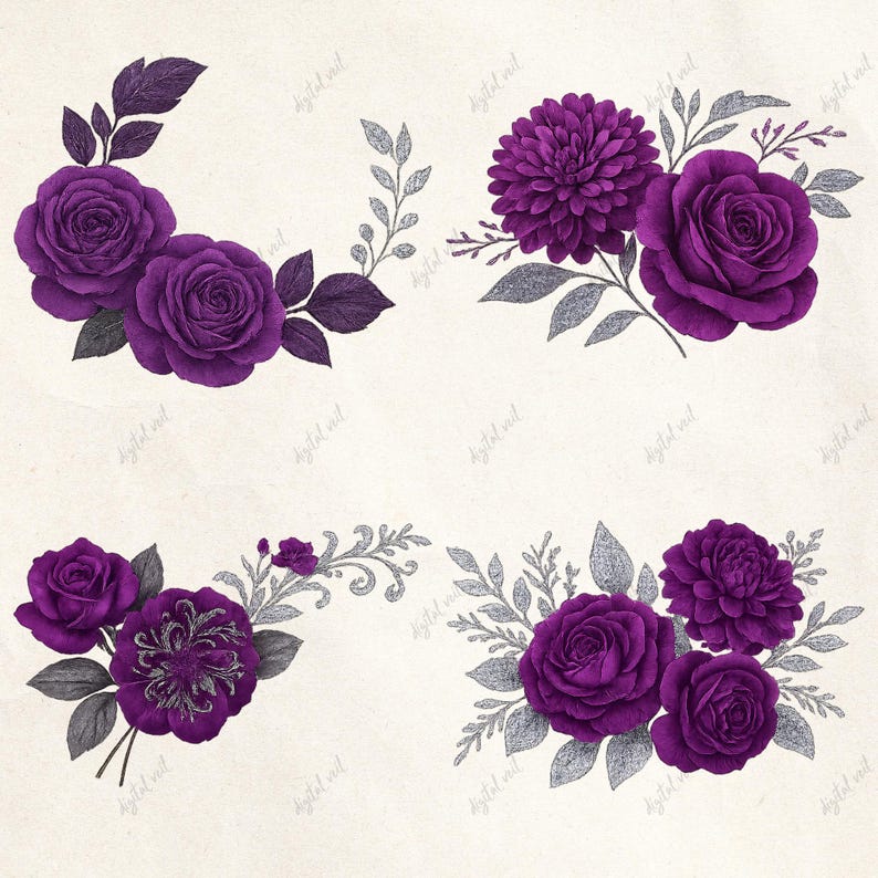 Purple Silver Floral Clipart Set: Gothic Rose Graphics (PNG, Digital ...