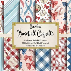 May include: Twelve digital seamless patterns featuring baseballs, bats, gloves, bows, and red and blue gingham patterns. The patterns are 3600x3600 pixels and are suitable for printing.