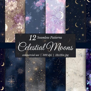 Padrões de casamento celestial sem emendas, pacote de papel digital Witchy Moon Star, 12x12, 300 DPI, texturas místicas para impressão