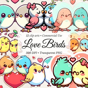 Ensemble de clipart mignons tourtereaux, oiseaux pastel Couples PNG en téléchargement numérique, Art animalier romantique, graphiques Saint-Valentin, usage Commercial