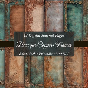 Könnte beinhalten: Digitales Bild von 12 Journalseiten mit barocken Kupferrahmen. Die Seiten sind 21,6 x 27,9 cm groß und bei 300 DPI druckbar. Die Rahmen haben verzierte Details und umgeben gealterte Papierhintergründe.