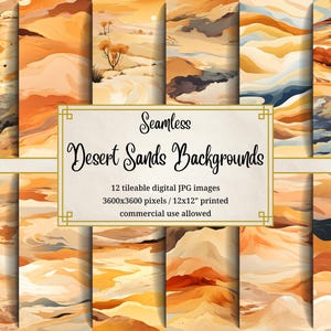 May include: Twelve seamless digital desert sand background patterns in warm tones of orange, yellow, and brown. The patterns are 3600 x 3600 pixels and can be printed at 12 x 12 inches. Commercial use is allowed.