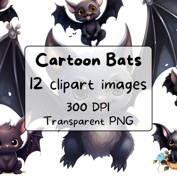 Set of 12 Cute Cartoon Bat Clipart Images, Transparent PNG, 300 DPI, Holiday Decor, Digital Download, Scrapbooking, Crafts, Commercial Use