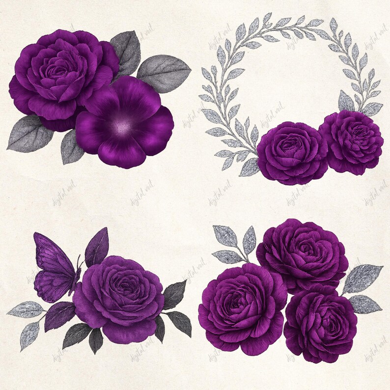 Purple Silver Floral Clipart Set: Gothic Rose Graphics (PNG, Digital ...