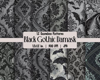 Gothic Damask Pattern Bundle Download Victorian Skull Wallpaper Bat Dark Home Decor Halloween Wall Art Black Gray vintage gothic arte