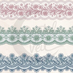 May include: Digital illustration of three decorative lace borders in pink, green, and blue. Each border features a scalloped edge and floral and leaf patterns. The lace designs are detailed and intricate, suitable for various craft projects.