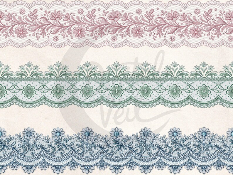 May include: Digital illustration of three decorative lace borders in pink, green, and blue. Each border features a scalloped edge and floral and leaf patterns. The lace designs are detailed and intricate, suitable for various craft projects.