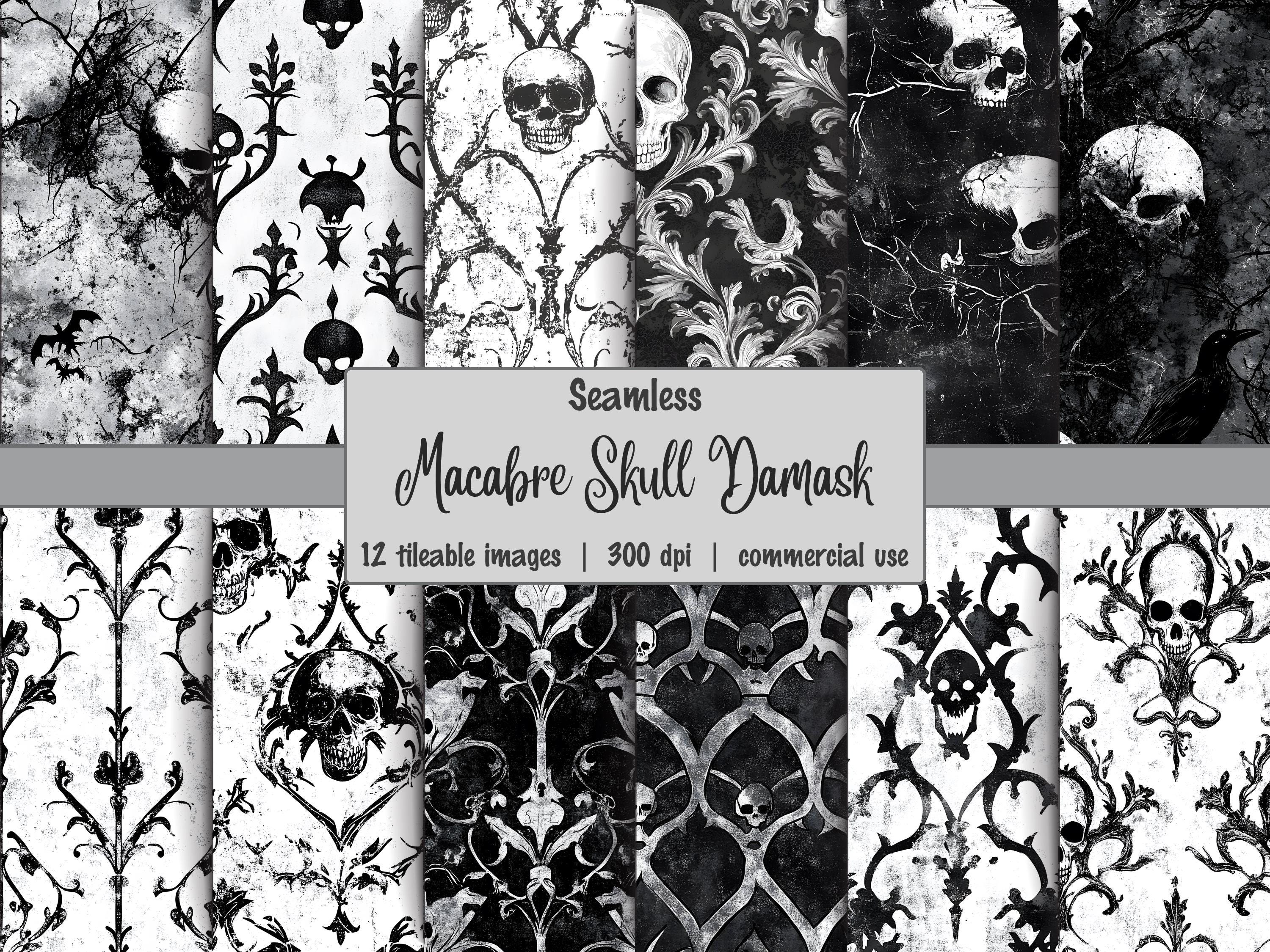 Gothic Skull Damask Digital Paper Seamless Pattern Black White Grunge Macabre Scrapbook Background Commercial Use Printable Craft Supplies