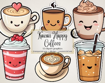 Kawaii Coffee Clipart Bundle, Cute Coffee PNGs (Digital Download)