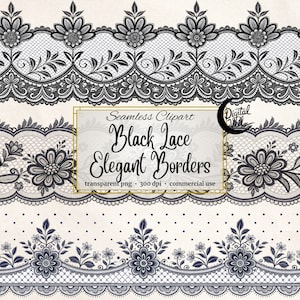 Schwarze Spitze Horizontale Rahmen, Digitales Bündel, Nahtloses Vintage Blumenmuster Zierteil, Hochzeitseinladung Teiler, Scrapbooking Clipart